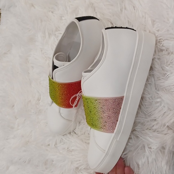 KARL LAGERFELD PARIS REMMY WHITE LEATHER SNEAKERS WITH CRYSTAL EMBELLISHED SZ 11 - Picture 12 of 16